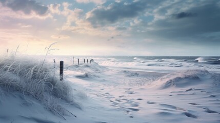 A beach covered in snow next to the ocean - obrazy, fototapety, plakaty