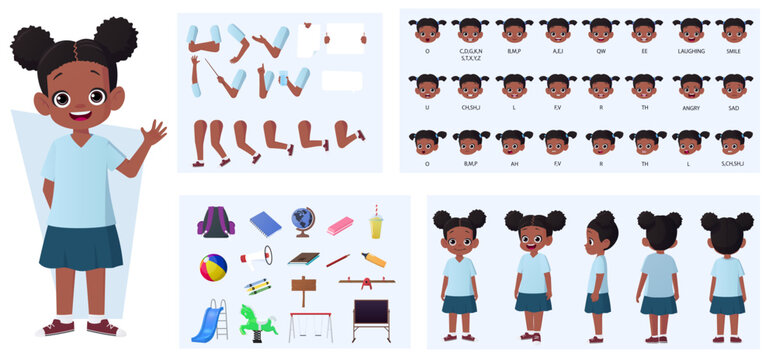 African American Girl Character Constructor Pack with Gestures, Facial Expressions, and Different Poses Vector Illustration