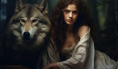 Fototapeta premium A woman sitting next to a wolf in a forest