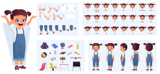 Cartoon Little Girl Character Constructor with Gestures and Emotions. Child Side, Front, Rear View, with Body Parts for Animation and Lip-Sync Vector Illustration.