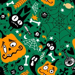 Halloween cartoon pumpkins seamless bat and ghost and candy and web pattern for wrapping paper and fabrics
