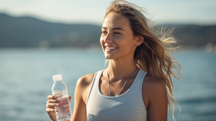 Fitness woman takes a refreshing break with fresh, cool water drinking on beach promenade. Generative AI