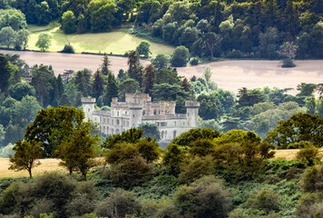 Eastnor Castle,view from the Obelisk at the top of Midsummer Hill,Herefordshire countryside,England,U.K.