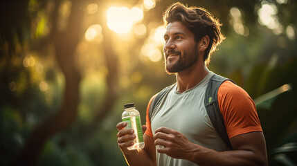 Portrait of young man drinking energy sports nutrition energy gel while sitting and resting after trail running on mountain peak