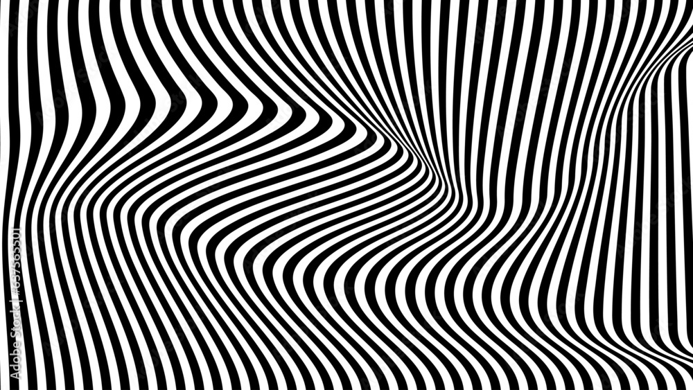 Wall mural abstract optical illusion wave. black and white lines with distortion effect. vector geometric strip