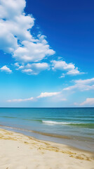 Serene coastal scene with blue sky and fluffy white clouds. Golden sand and sparkling blue-green sea. Perfect for summer holidays. Vertical image, Generative AI