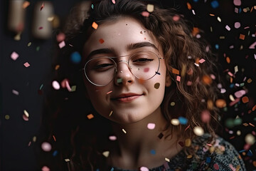 Independent charming girl with curly hair with flying confetti on party
