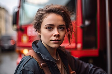 Portrait of serious attractive girl firefighter without helmet standing near fire truck in background