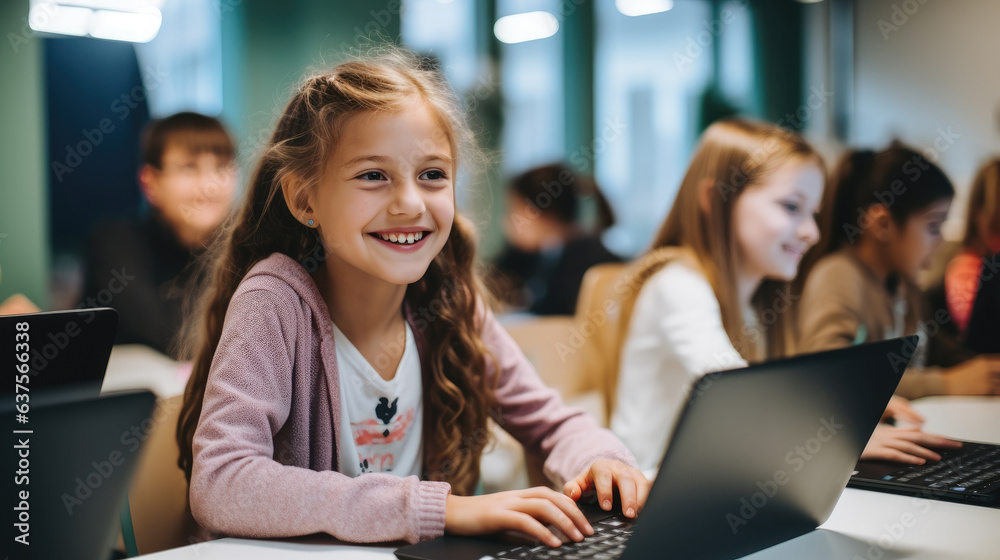 Wall mural happy young girls sitting in a coding class, learning basic programming skills.