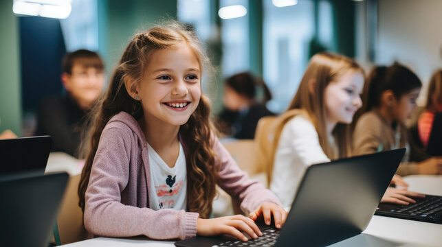 Happy young girls sitting in a coding class, learning basic programming skills. 