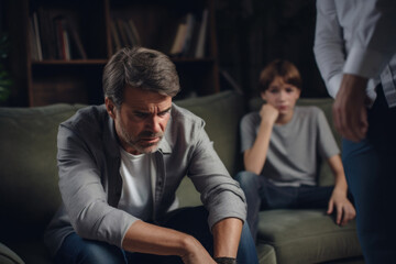 Relationship between father and child. Difficult conversation with teenager. Serious dad and sad son sitting on sofa and talking. Family problems - obrazy, fototapety, plakaty