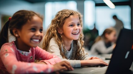 Happy young girls sitting in a coding class, learning basic programming skills. Generative AI