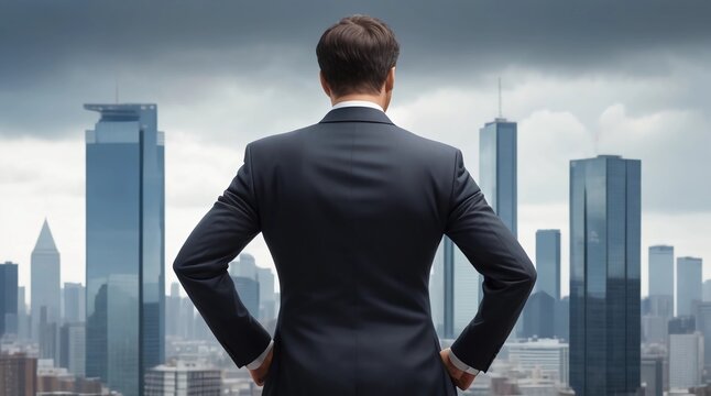 A Professional Businessman With His Hands In His Pockets Standing On A Building Looking At The City, Back View.