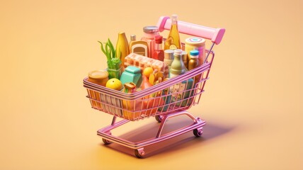A virtual shopping cart filled with products, illustrating the convenience and variety of items available for purchase online