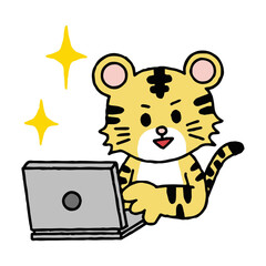 パソコン作業をするトラがキラキラしている