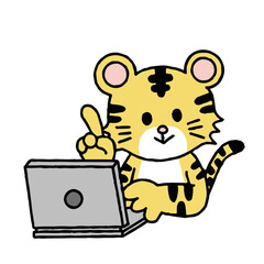 パソコン作業をするトラが指差し