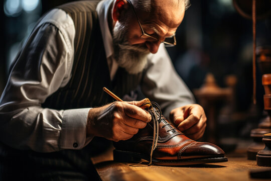 An elderly shoemaker at work in a workshop