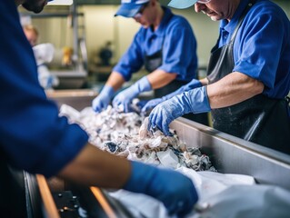 Workers' hands sort plastic bags on an industrial conveyor belt. Waste recycling concept.