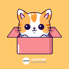 Playful Cat in Box: Cartoon Icon Illustration in Flat Vector Style for Poster, Card, Decoration, Print