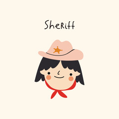 Isolated illustration of children head. Sheriff. Wild West. Western.