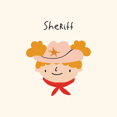 Isolated illustration of children head. Sheriff. Wild West. Western.
