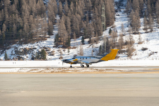 Pilatus PC-12 NGX airplane in Samaden in Switzerland 21.2.2023