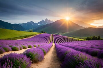 Naklejka premium lavender field at sunset