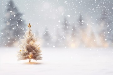 Fototapeta na wymiar blurred christmas tree and lights on abstract white snow background