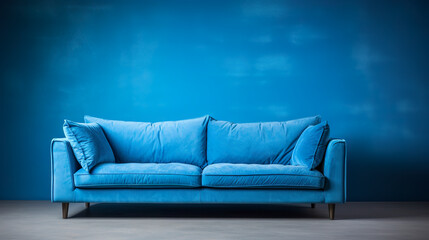 One image captures the essence of a minimalist blue suede sofa, presenting a creative vision that elevates its elegance. Sophisticated blue suede sofa takes center stage. - obrazy, fototapety, plakaty