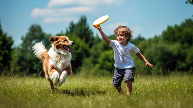 a Horizontal format of a boy playing catch with his dog in Leisure-themed, photorealistic illustrations in JPG.  Generative ai