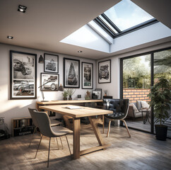 interior of a scandi design double garage conversion with mezzanine with saircase access - obrazy, fototapety, plakaty