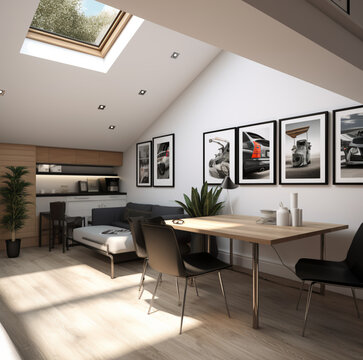 interior of scandi design double garge conversion with mezzanine study at apex