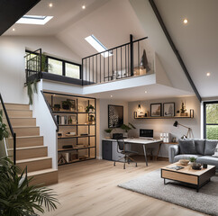 interior of scandi design double garge conversion with mezzanine study at apex - obrazy, fototapety, plakaty