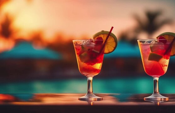 Two glasses filled with refreshing drinks on a table. Generative ai