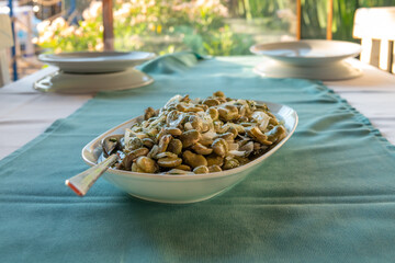 Traditional Turkish food; Fresh broad bean salad with olive oil, broad beans, onion and dill (Turkish name; iç bakla) Mediterranean style fava beans.