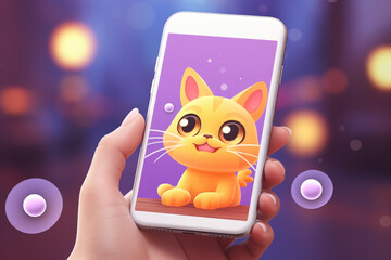 Person's hand holds a smartphone displaying a cute cartoon cat, bringing a playful touch to modern technology. Represents digital entertainment, smartphone apps, and the charm of animated characters.