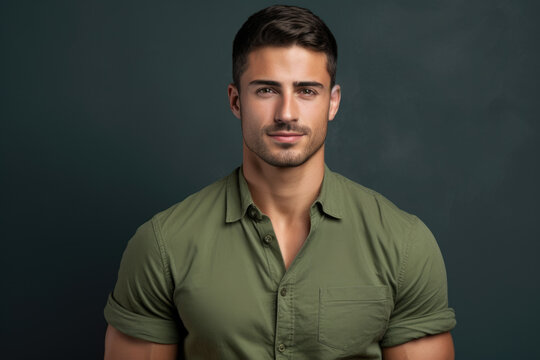 Captivating Portrait Of A Handsome Man Confidently Posed In A Green Shirt Against A Sleek Grey Background. Exudes A Sense Of Suave Elegance And Charm.