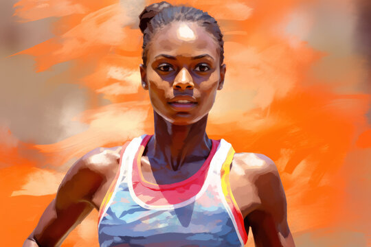 Dynamic drawing capturing the energy and determination of an African female sports runner in mid-stride. The artwork showcases her athleticism and commitment to fitness.