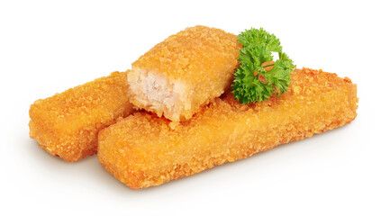 Fish finger or stick with parsley isolated on white background with full depth of field