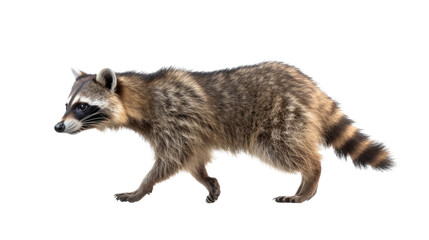 a raccoon walking/running, side view in a Nature-themed, illustration in a PNG, cutout, and isolated. Generative AI
