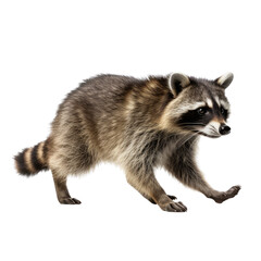 Fototapeta premium a Racoon, full body, walking, side 3/4 view, in a PNG, in a Nature-themed, isolated, and transparent photorealistic illustration. Generative ai