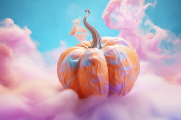 A pumpkin surrounded by smoke in soft pastel shades of pink. Halloween and thanksgiving concept.