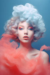 A girl with blue hair and dress surrounded by red clouds. Fashion concept.