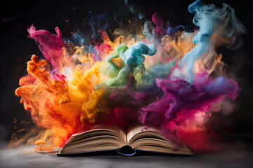 Colorful powder of paint explodes from the old book. Concept of imagination and creativity.  - obrazy, fototapety, plakaty