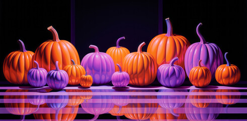 Trendy Halloween composition with pumpkins and neon lights. Festive background with bold and vibrant colors.