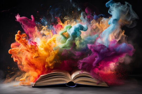 Colorful powder of paint explodes from the old book. Concept of imagination and creativity. 