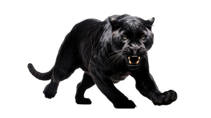 a Black Jaguar, forward aggressive action, full body, 3/4 view,  in a Nature-themed, illustration in a PNG, cutout, and isolated. Generative AI