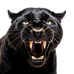 a Black Jaguar, snarling with barred teeth, layed back ears, portrait frontal view,  in a Nature-themed, illustration in a PNG, cutout, and isolated. generative ai