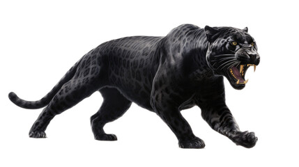 a Black Jaguar, forward aggressive action, full body, 3/4 view,  in a Nature-themed, illustration in a PNG, cutout, and isolated. Generative AI