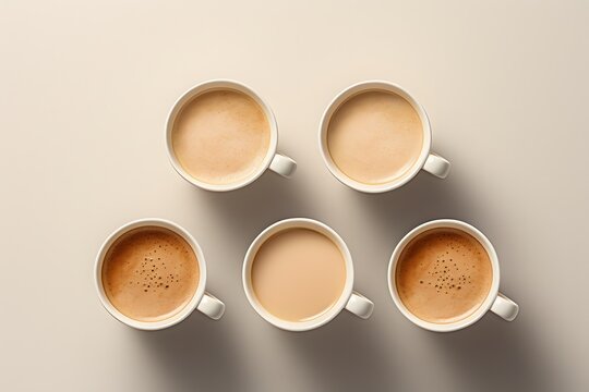 Five cups of coffee on a white background, top view